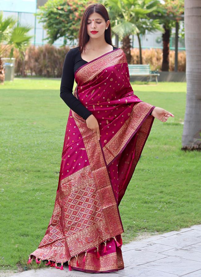 Pure Soft Silk Hot Pink Traditional Wear Zari Work Saree